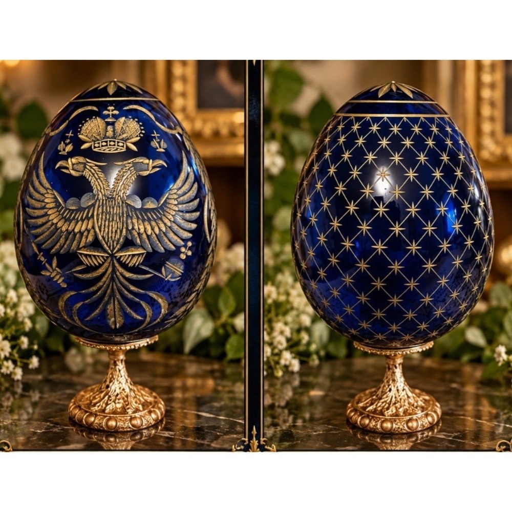 Vtg FABERGE Egg Cobalt Blue Glass Gold Cut Crystal Glass Double Eagle Russian